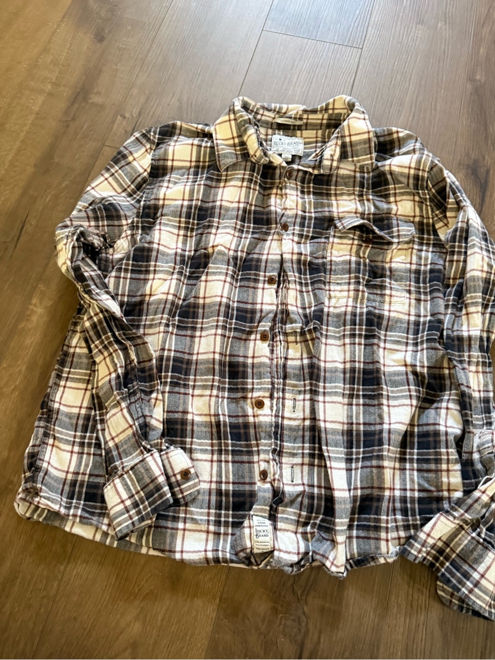 Lucky Brand Men's Beige, Brown and Black Plaid Button-Down Shirt